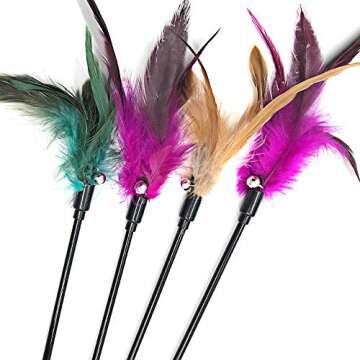 Cat Wand Toys, 4 PCS Interactive Cat Teaser Wand Cat Feather Toys with Loud Bell - 20" Long Wand for Cat and Kitten