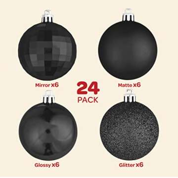 Christmas Ornaments Set of 24 - Beautiful [Black] Christmas Tree Decorations Ornaments Set - 4 Styles Glitter/Matte/Mirror/Shiny - Shatterproof/Pre-Strung - for Holiday/Party/Decorations/DIY (1.5")