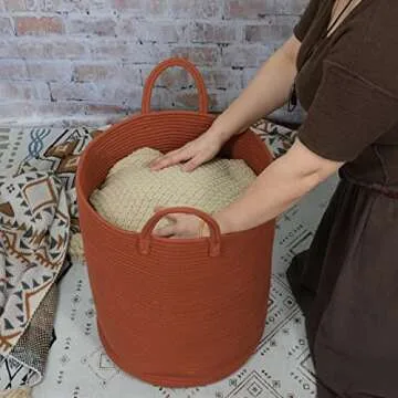 XUANGUO Cotton Rope Laundry Basket Hamper for Clothes Woven Storage Basket for Living Room Bedroom Boho Tall Rope Baskets for Blanket Toys Pillow Towels Baby Nursery Hamper Bin Large rust red