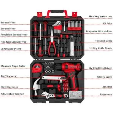 DEKOPRO Drill Set: Tool Set with 8V Red Cordless Drill, Home Tool Kit with Drill, Hand Tool Kits for...