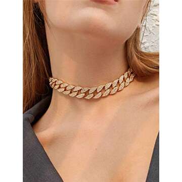Ingemark Shiny CZ Rhinestone Curb Cuban Link Chain Choker for Women Unisex Cool Hip Hop Miami Cuban Diamond-Cut Chain Choker Necklace (Style 1 Golden)