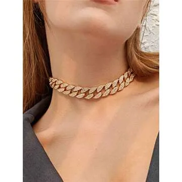 Ingemark Shiny CZ Rhinestone Curb Cuban Link Chain Choker for Women Unisex Cool Hip Hop Miami Cuban Diamond-Cut Chain Choker Necklace (Style 1 Golden)