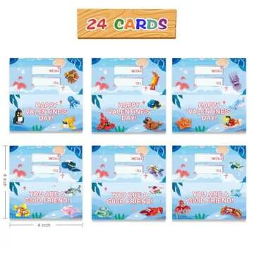 24 Pack Valentines Day Gifts for Kids School Sea Animal Buildings Blocks With Valentines Cards, Valentines for Kids Class, Classroom Prize Exchange Greeting Cards Boys Girls Party Favors (Type C)