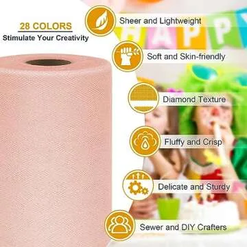 Tulle Fabric Roll 6 Inch by 100 Yards (300 ft) Tulle Ribbon Sheer Mesh Netting for DIY Tutu Skirt Gift Wrapping Wedding Baby Shower Birthday Halloween Party Decorations Crafts, 34 Colors (Blush)