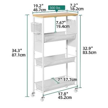 YITAHOME Slim Rolling Cart, Rolling Spice Rack Next to Fridge, Narrow Kitchen Trolley on Wheels with Storage, Mobile 4-Tire Narrow Shelf with Mesh Basket, 7.3“ Inch Deep, White
