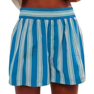 Y2k Boxer Shorts for Women: Elastic Waist Striped Low Rise Pajama Pants (Peacock Blue, S)