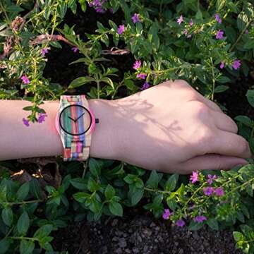 BEWELL Women's Fashion Colored Bamboo Wooden Watch Quartz Handmade Bracelet Wristwatch