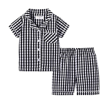 Mud Kingdom Boys Cute Collared Shorts Pajama Set in Black Plaid for Summer