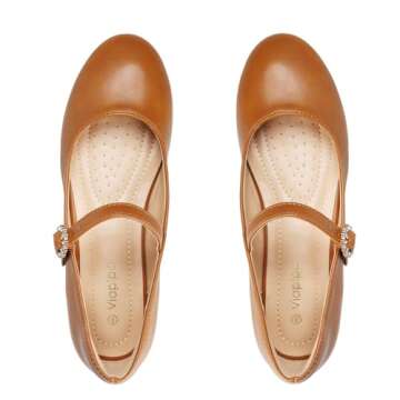 Viapipa Womens Mary Jane Shoes Comfortable Strap Flats Dressy Casual Ballet Flats Shoes Floral Buckle Round Toe Black Flats Shoes for Women Brown Size7