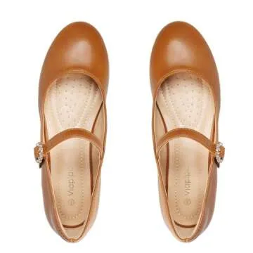 Viapipa Womens Mary Jane Shoes Comfortable Strap Flats Dressy Casual Ballet Flats Shoes Floral Buckle Round Toe Black Flats Shoes for Women Brown Size7