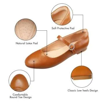 Viapipa Womens Mary Jane Shoes Comfortable Strap Flats Dressy Casual Ballet Flats Shoes Floral Buckle Round Toe Black Flats Shoes for Women Brown Size7
