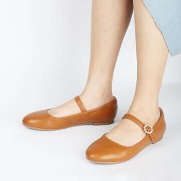 Viapipa Womens Mary Jane Shoes Comfortable Strap Flats Dressy Casual Ballet Flats Shoes Floral Buckle Round Toe Black Flats Shoes for Women Brown Size7