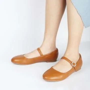 Viapipa Womens Mary Jane Shoes Comfortable Strap Flats Dressy Casual Ballet Flats Shoes Floral Buckle Round Toe Black Flats Shoes for Women Brown Size7