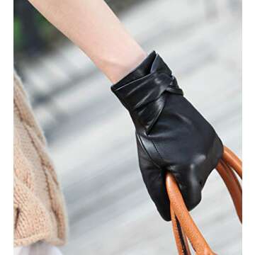 Warmen Women's Lambskin Leather Cold Weather Gloves with Crossing Bow