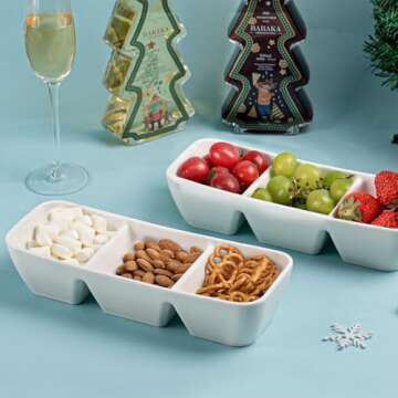 LUFILUFI 11 Inch Ceramic Divided Serving Tray, 3 Compartment Condiment Tray, Serving Dishes for Entertaining, Perfect for Snacks, Appetizers, Fruit, Candy, Chip & Dip Sets, Serving Bowls Set of 2