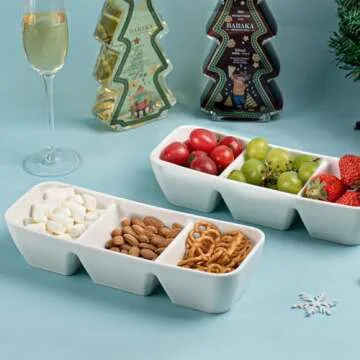 LUFILUFI 11 Inch Ceramic Divided Serving Tray, 3 Compartment Condiment Tray, Serving Dishes for Entertaining, Perfect for Snacks, Appetizers, Fruit, Candy, Chip & Dip Sets, Serving Bowls Set of 2