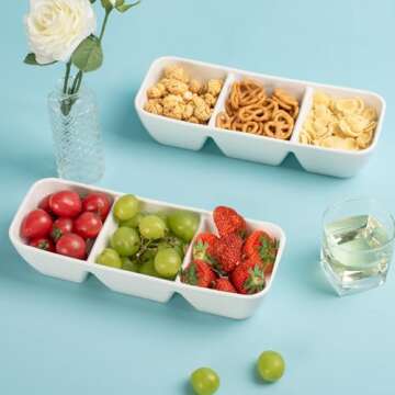 LUFILUFI 11 Inch Ceramic Divided Serving Tray, 3 Compartment Condiment Tray, Serving Dishes for Entertaining, Perfect for Snacks, Appetizers, Fruit, Candy, Chip & Dip Sets, Serving Bowls Set of 2