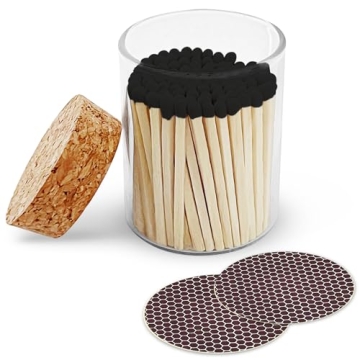 Elegant 2" Black Matches in a Chic Jar with Extra Striker Stickers | 100 Decorative Safety Matches f...