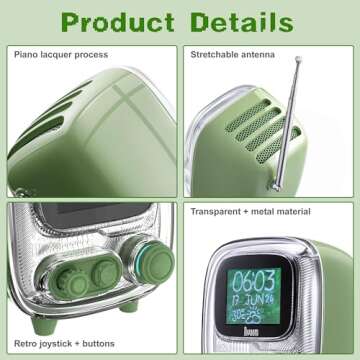 Divoom Tiivoo-2 Pixel Art Mini TV Retro Portable Radio FM with Adjustable Antenna,White Noise Machine,Vintage 5.0 Bluetooth Speaker, Support TF Card,USB,Mini Speaker for Outdoors,Camping,Green