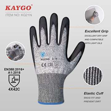 KAYGO Cut Resistant Gloves - Nitrile Micro-Foam Coated, Puncture Proof Safety Gloves for Work, Garde...