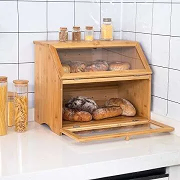 HOMEKOKO Double Layer Large Bread Box for Kitchen Counter, Wooden Large Capacity Bread Storage Bin (...