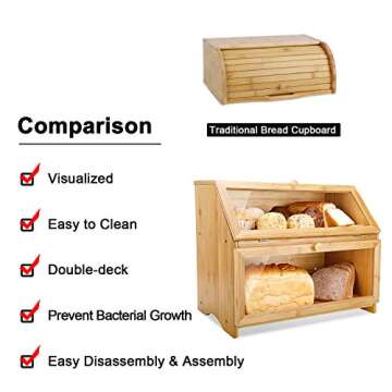 HOMEKOKO Double Layer Large Bread Box for Kitchen Counter, Wooden Large Capacity Bread Storage Bin (Natural Bamboo)