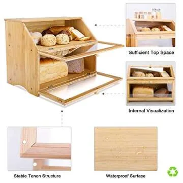 HOMEKOKO Double Layer Large Bread Box for Kitchen Counter, Wooden Large Capacity Bread Storage Bin (Natural Bamboo)