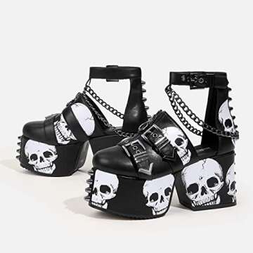DETOGNI Women's Skulls Spiked Studs Chunky Platform Black Wedges Shoes Punk Gothic Chains Sandals Ad...