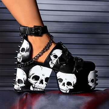DETOGNI Women's Skulls Spiked Studs Chunky Platform Black Wedges Shoes Punk Gothic Chains Sandals Adjustable Straps Buckles Block Heel Boots