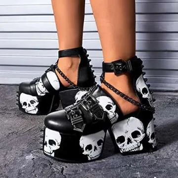 DETOGNI Women's Skulls Spiked Studs Chunky Platform Black Wedges Shoes Punk Gothic Chains Sandals Adjustable Straps Buckles Block Heel Boots