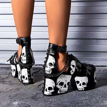 DETOGNI Women's Skulls Spiked Studs Chunky Platform Black Wedges Shoes Punk Gothic Chains Sandals Adjustable Straps Buckles Block Heel Boots