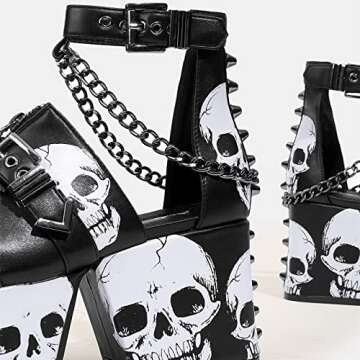 DETOGNI Women's Skulls Spiked Studs Chunky Platform Black Wedges Shoes Punk Gothic Chains Sandals Adjustable Straps Buckles Block Heel Boots