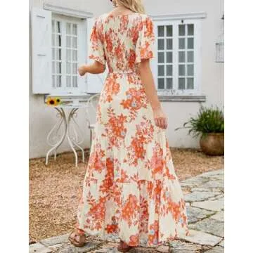 ZESICA Women's 2024 Summer Casual Floral Print Short Flutter Sleeve Crew Neck Smocked High Waist Flowy Maxi Dress,Tangerine,Small