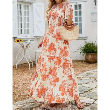 ZESICA Women's 2024 Summer Casual Floral Print Short Flutter Sleeve Crew Neck Smocked High Waist Flowy Maxi Dress,Tangerine,Small