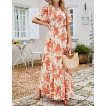 ZESICA Women's 2024 Summer Casual Floral Print Short Flutter Sleeve Crew Neck Smocked High Waist Flowy Maxi Dress,Tangerine,Small