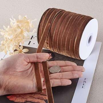 Pandahall 50 Yards Velvet Ribbon 3/8 Inch Wide Single Face Velvet Ribbon Roll with Spool for Gift Wrapping Decoration Party Wedding Easter Crafts (Saddle Brown)