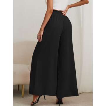 AusLook Women's Wide Leg Dress Pants with Pockets Black XX-Large Lightweight Elastic High Waisted Adjustable Tie Knot Flowy Loose Slacks Lounge Casual Ladies Beach Pleated Trousers