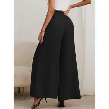 AusLook Women's Wide Leg Dress Pants with Pockets Black XX-Large Lightweight Elastic High Waisted Adjustable Tie Knot Flowy Loose Slacks Lounge Casual Ladies Beach Pleated Trousers