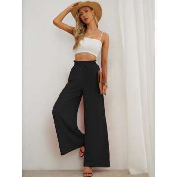AusLook Women's Wide Leg Dress Pants with Pockets Black XX-Large Lightweight Elastic High Waisted Adjustable Tie Knot Flowy Loose Slacks Lounge Casual Ladies Beach Pleated Trousers