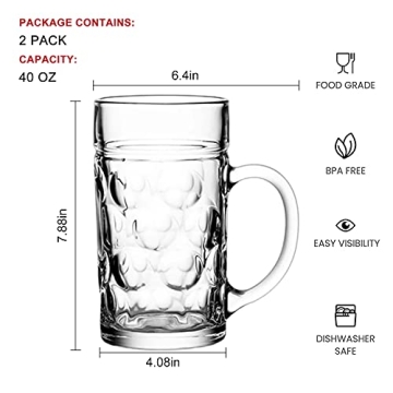 German Glass Beer Mugs Jumbo Mugs 1.2 Liter 40oz