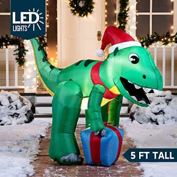 Joiedomi 5ft Tall Christmas Inflatables Dinosaur Outdoor Decoration, Blow Up Dinosaur with Gift Box,...