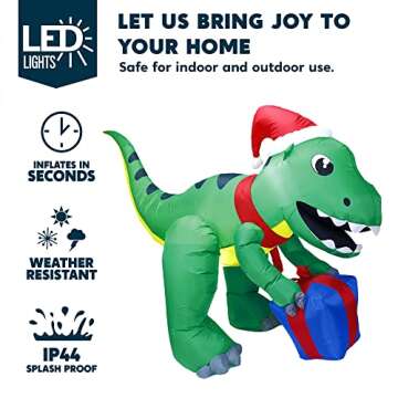 Joiedomi 5ft Tall Christmas Inflatables Dinosaur Outdoor Decoration, Blow Up Dinosaur with Gift Box, Christmas Yard Inflatables with Build-in LEDs for Christmas Decorations Outside, Xmas Lawn Decor