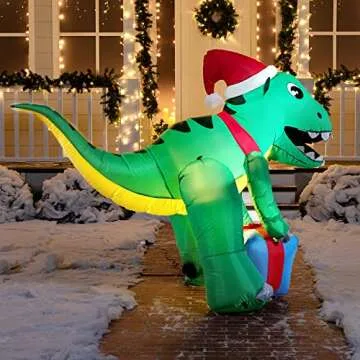 Joiedomi 5ft Tall Christmas Inflatables Dinosaur Outdoor Decoration, Blow Up Dinosaur with Gift Box, Christmas Yard Inflatables with Build-in LEDs for Christmas Decorations Outside, Xmas Lawn Decor