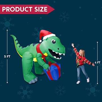 Joiedomi 5ft Tall Christmas Inflatables Dinosaur Outdoor Decoration, Blow Up Dinosaur with Gift Box, Christmas Yard Inflatables with Build-in LEDs for Christmas Decorations Outside, Xmas Lawn Decor