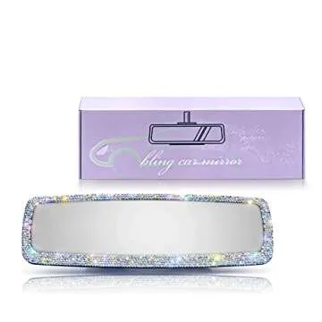 KIWEN Bling Car Rear View Mirror, Car Rear View Mirror with Crystal Diamonds Bling Rhinestones Women Girl Gift, Car Accessories Car Interior Trim (Colorful Rhinestone)