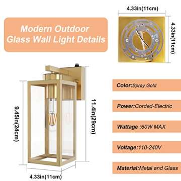Tipace Dusk to Dawn Outdoor Wall Lantern, Exterior Wall Sconce Sensor Light Fixture, Golden Wall Mount Lights, Gold Outdoor Wall Lights with Clear Glass Shade for Garage, Doorway