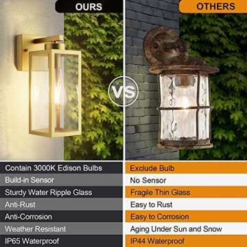 Tipace Dusk to Dawn Outdoor Wall Lantern, Exterior Wall Sconce Sensor Light Fixture, Golden Wall Mount Lights, Gold Outdoor Wall Lights with Clear Glass Shade for Garage, Doorway