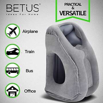 Betus Dreamer Comfort Inflatable Travel Pillow for Airplane - Ergonomic Design & Comfortable Neck Head Rest Pillow for Long Sleeping on Airplane Flight, Train Trip or Office Napping