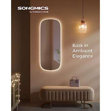 SONGMICS LED Mirror, Arched Wall Mirror Full Length, Frameless Glass Decor for Bedroom Living Room