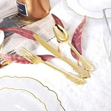 WDF 30Guest Clear and Gold Plastic Plates with Gold Plastic Silverware include 30 Dinner Plates,30 Salad Plates,30 Forks, 30 Knives,30 Spoons,30 Cups for Weddings, Parties